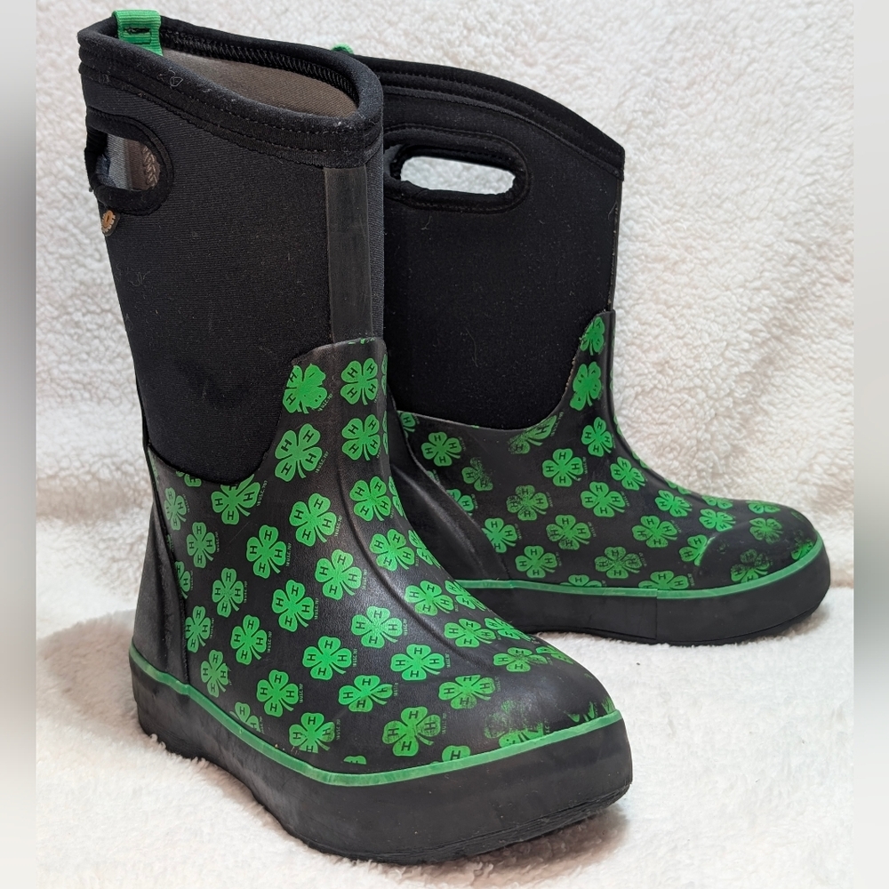 Bogs Kids Sz 13 Classic II Handle 4H Neoprene Rain Snow Boots Clover Black Green